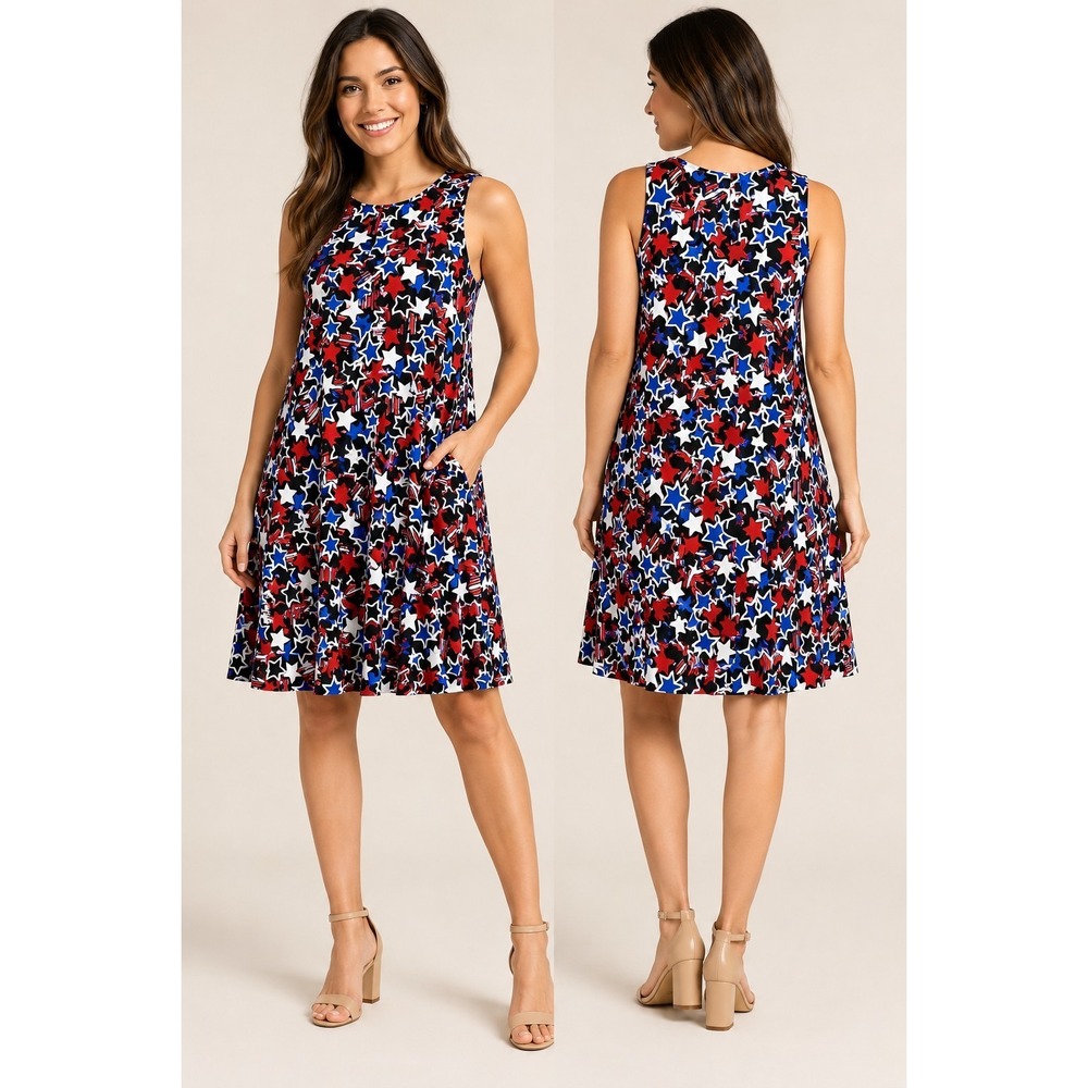 Liberty Park Patriotic Star Print Swing Dress Womens Large Red White Blue